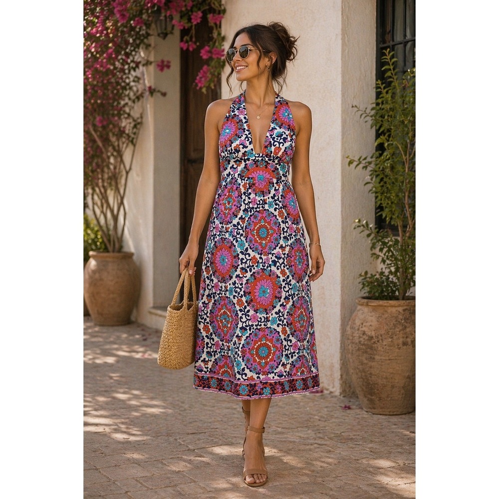 ALICE & TRIXIE Retro Floral Medallion Halter Midi Dress with Bamboo Ring Back XS